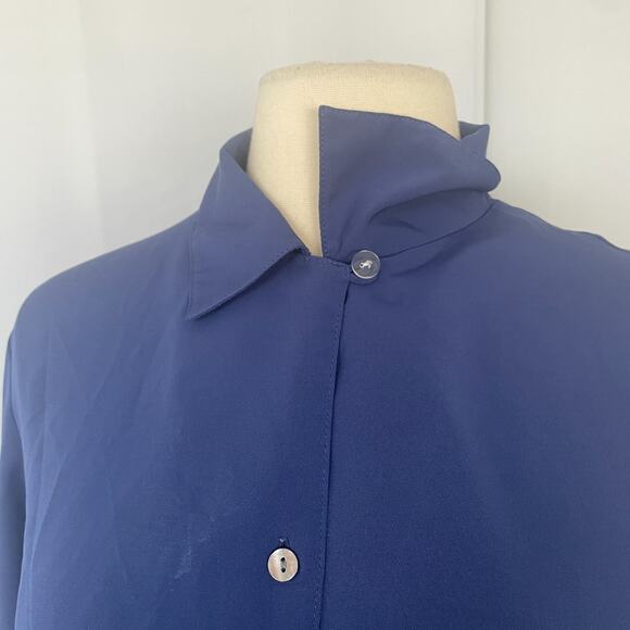 Vintage Blouse Top Size Small Blue Solid Long Sleeve Button Minimalist Office - Picture 4 of 13
